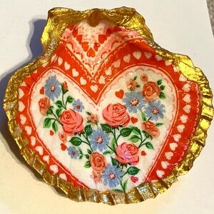 Handcrafted Shell Dish Heart Pink Red Floral Decoupage